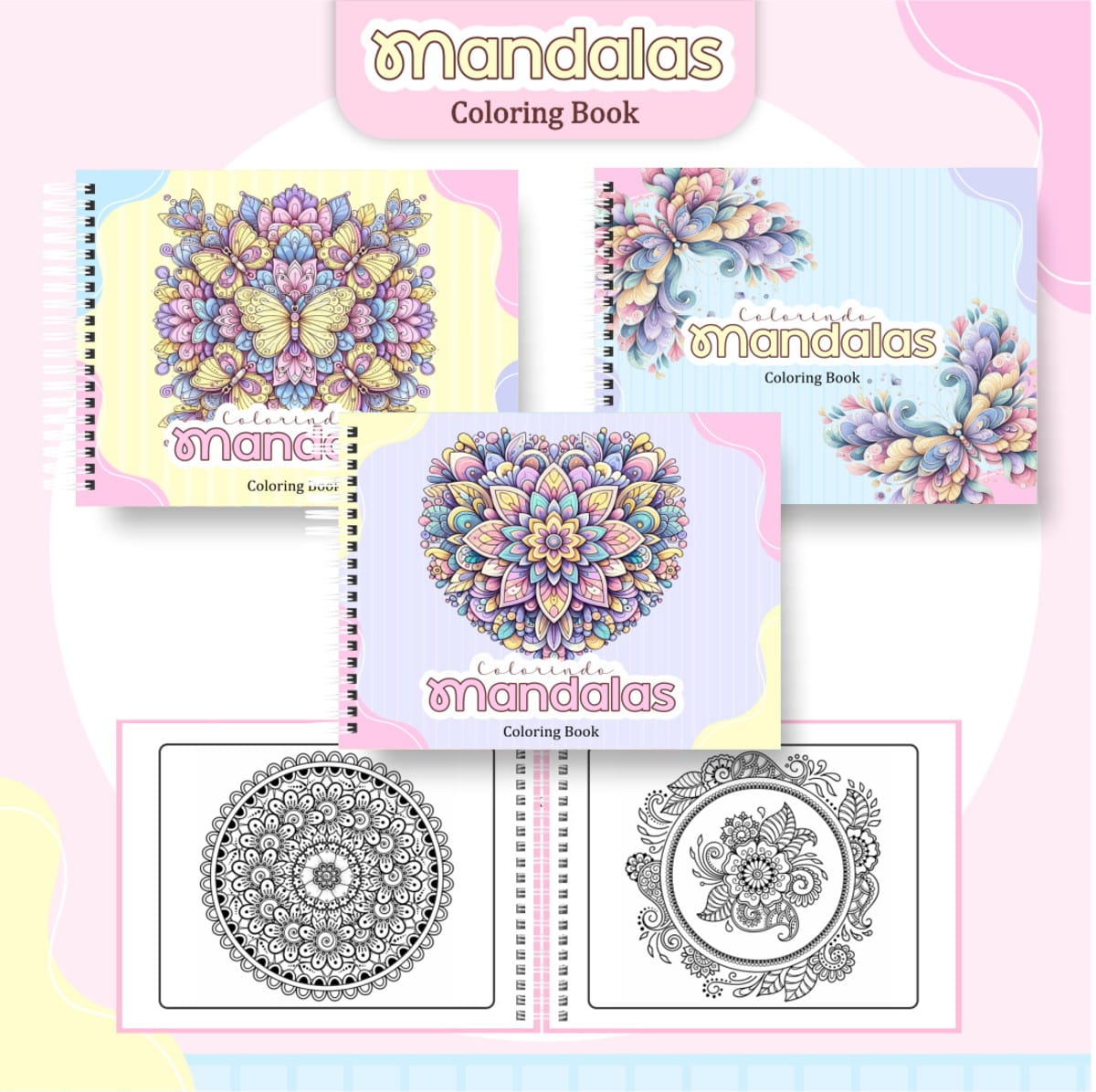 Kit de Mandalas para Colorir Digital com Capas e Miolo 1 Arte digital de livros para colorir com mandalas coloridas e em preto e branco.