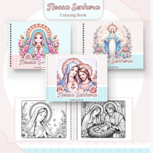 Colorindo Book Nossa Senhora PDF para Imprimir e Colorir 6 Ilustração de capas e páginas internas de livros para colorir com figuras religiosas.