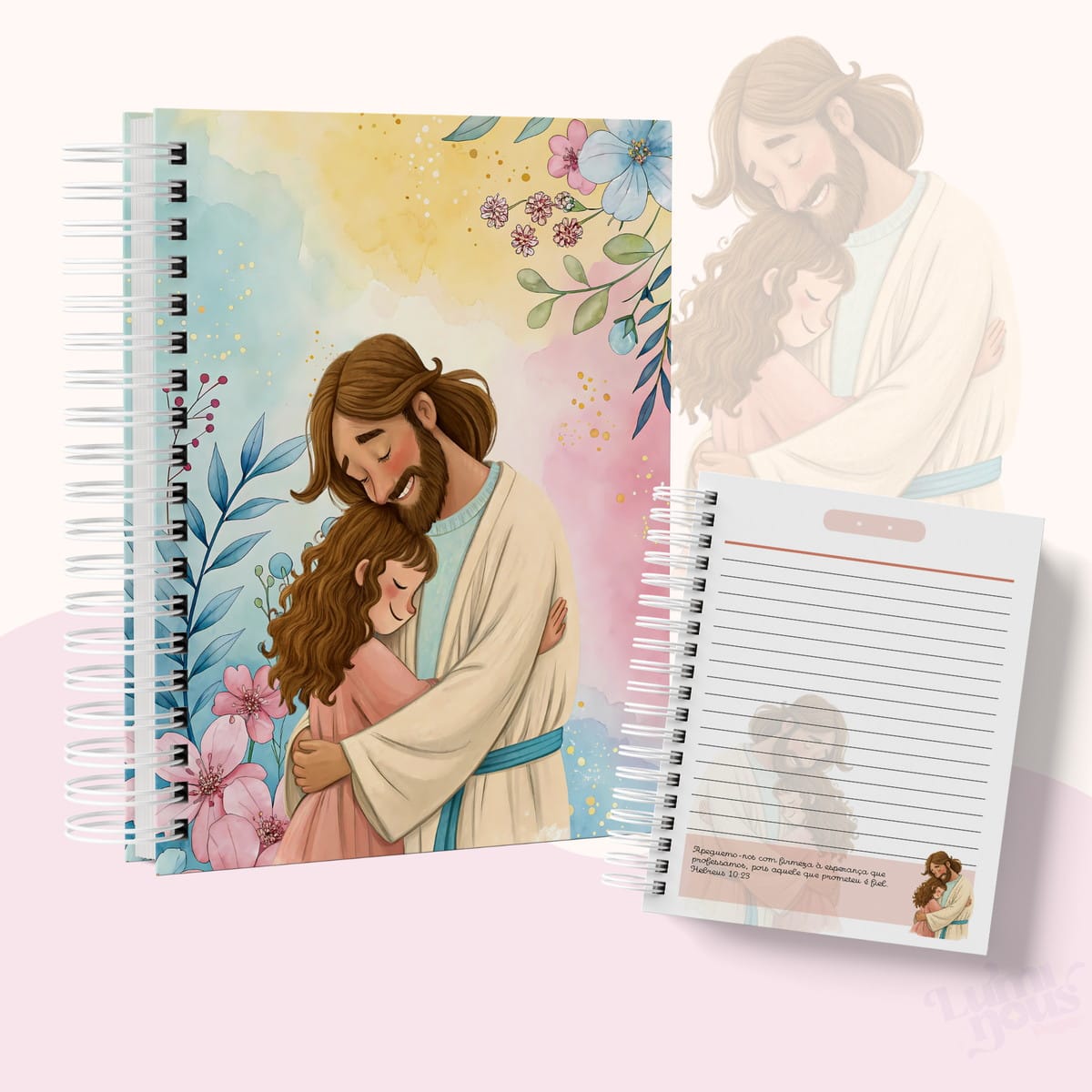 Combo 10 Cadernos Jesus A5 Digital para Imprimir 1 Caderno espiral com ilustração de figura masculina abraçando uma criança em aquarela colorida.