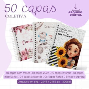Coleção de capas digitais ilustradas para cadernos com temas variados de arte gráfica.