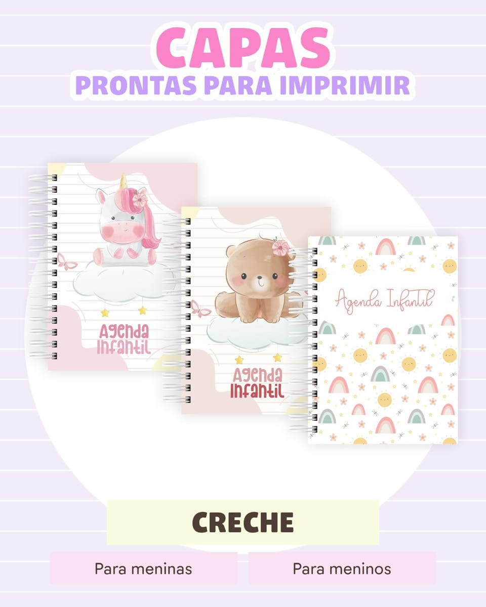 Combo Agenda Escolar 2026 Editável em PDF para Personalizar 1 Três modelos de capas de agendas infantis com desenhos de unicórnio, urso e arco-íris.