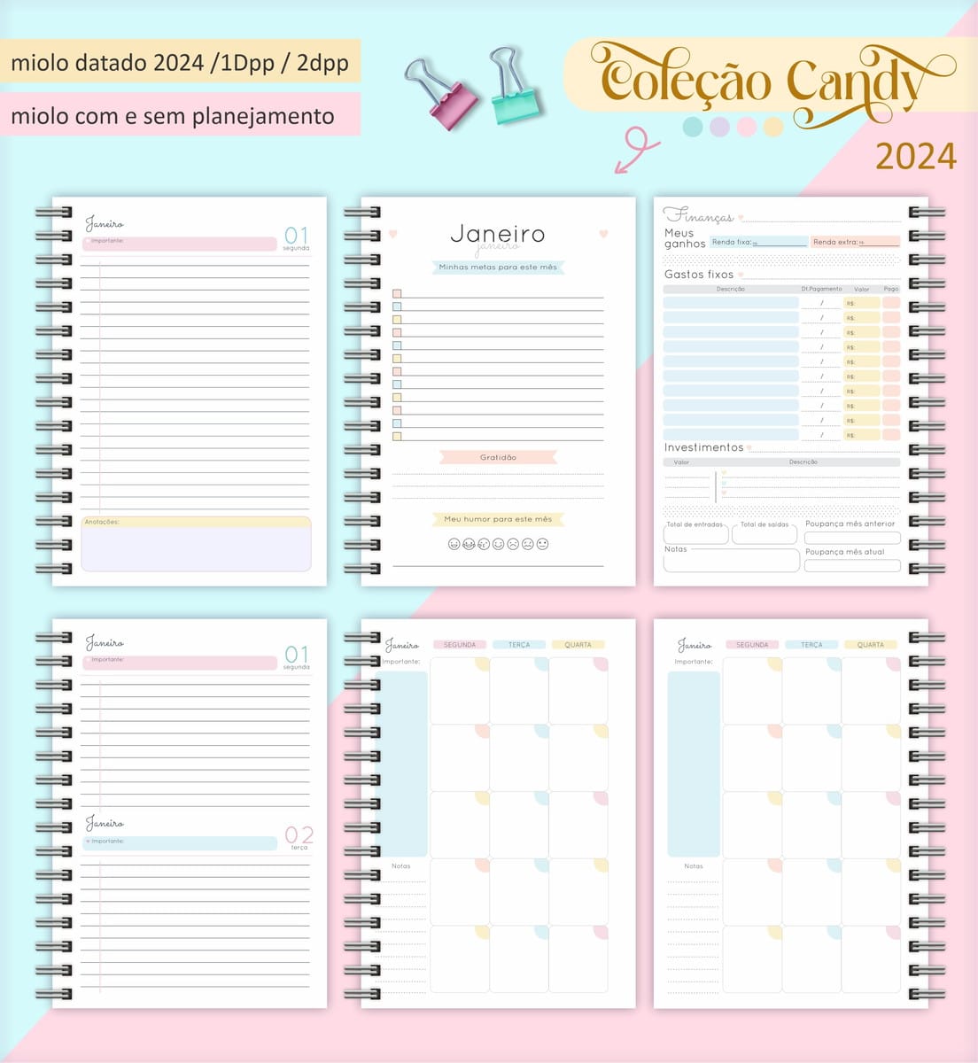 Combo Agendas Candy Arquivo Digital com 10 Modelos 2 Páginas de planner digital com layouts variados, datados e sem planejamento para 2024.