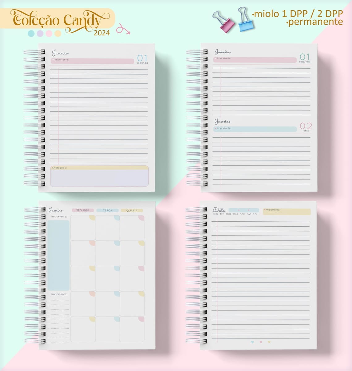 Combo Agendas Candy Arquivo Digital com 10 Modelos 3 Quatro layouts de agenda digital 2024, com visualização diária e mensal.