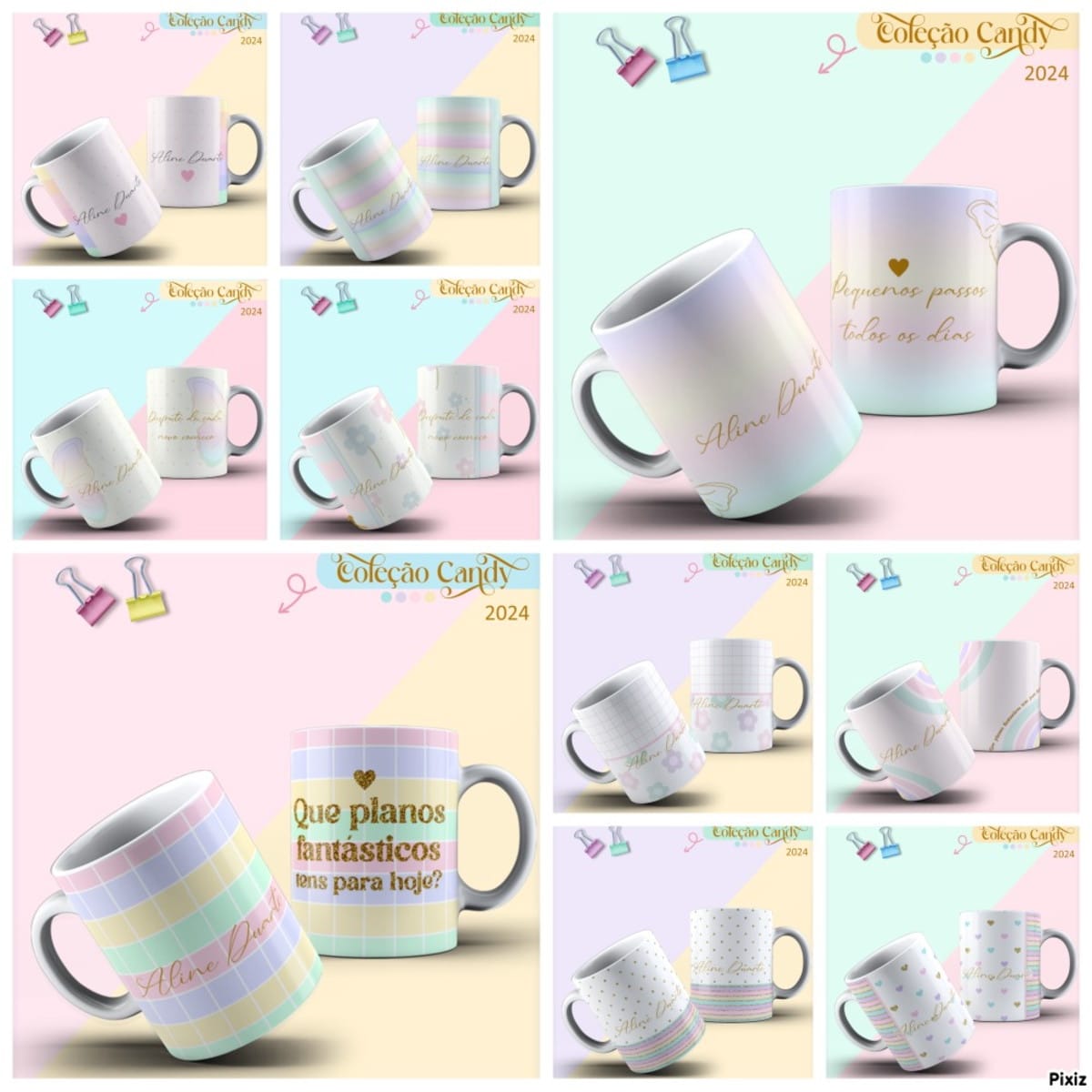 Combo Agendas Candy Arquivo Digital com 10 Modelos 4 Arte digital de canecas com designs pastel variados, incluindo listras, corações e frases.