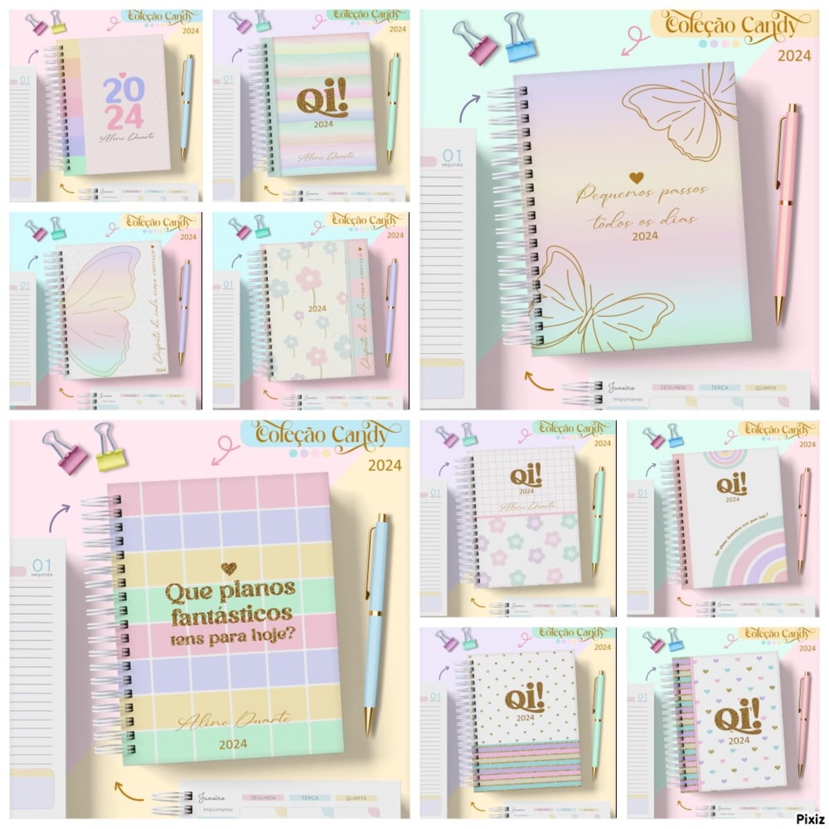 Combo Agendas Candy Arquivo Digital com 10 Modelos 1 Coleção de agendas digitais coloridas para 2024 com canetas combinando e designs variados.