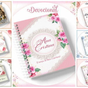 Várias capas de cadernos espiral decoradas com flores, frases motivacionais e nomes personalizados.