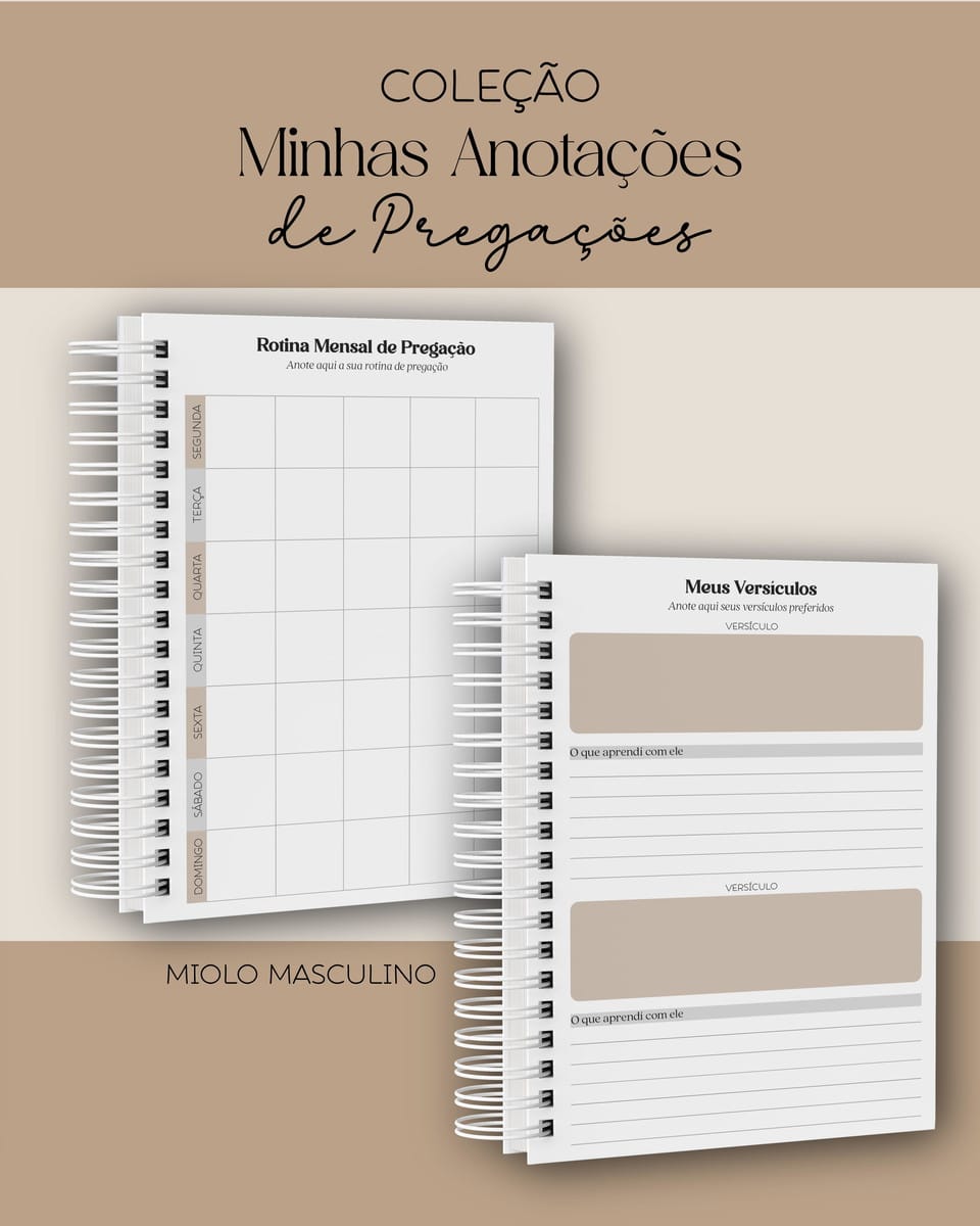 Combo Digital de Anotações de Pregações para Imprimir 2 Dois cadernos espiralados com páginas impressas contendo textos e tabelas sobre fundo bege.