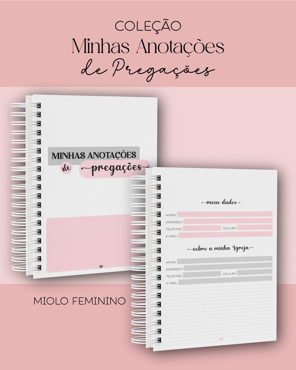 Combo Digital de Anotações de Pregações para Imprimir 3 Apresentação digital de cadernos espiralados com capas e páginas internas em tons rosados.