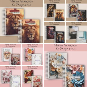 Apresentação de vários modelos de cadernos com capas ilustradas com leões e flores.