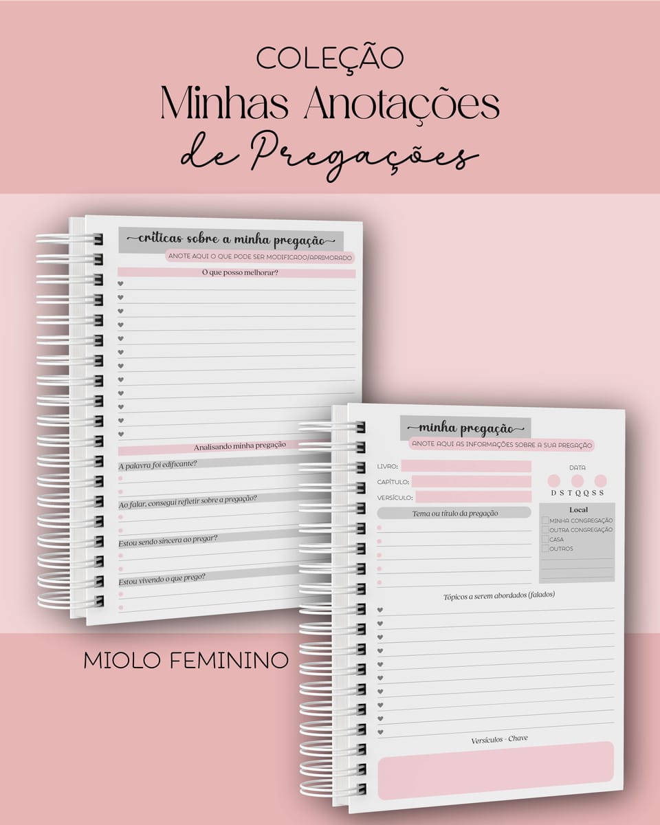 Combo Digital de Anotações de Pregações para Imprimir 4 Cadernos espiralados abertos mostrando páginas pautadas com textos e campos para anotações.