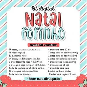 Lista detalhada de artes digitais para lembrancinhas de natal com tema festivo e colorido.