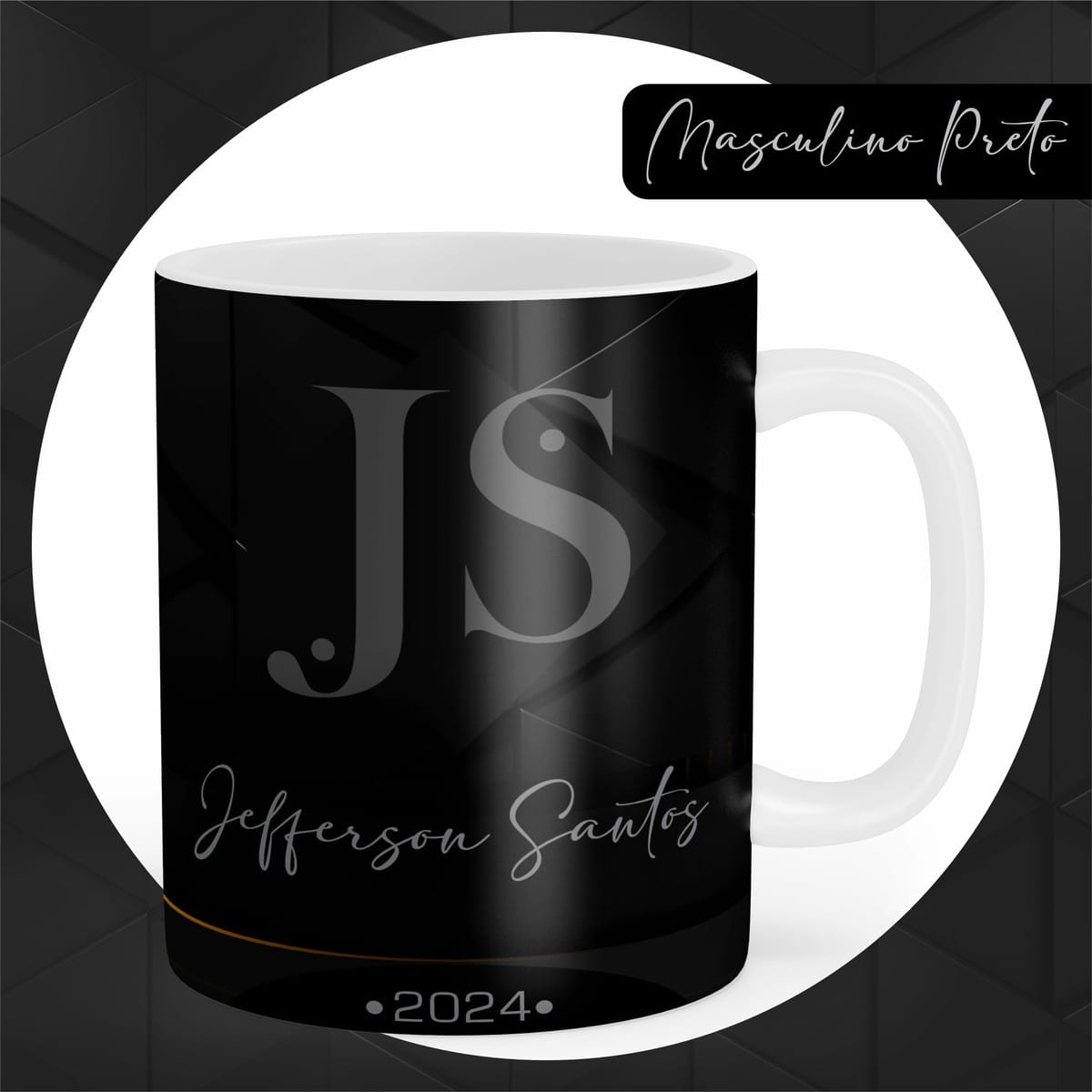 Combo Encadernação Masculino Preto Arquivo Digital Completo 2 Caneca preta com as letras JS em destaque e detalhes do ano 2024.