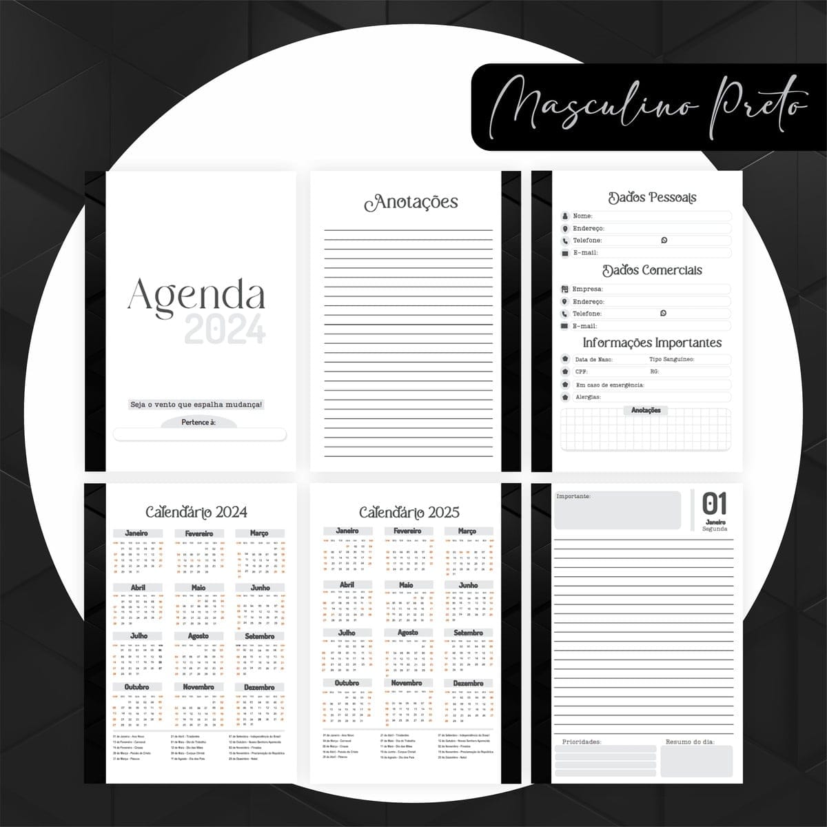 Combo Encadernação Masculino Preto Arquivo Digital Completo 3 Folhas de uma agenda para o ano de 2024 dispostas sobre fundo escuro.