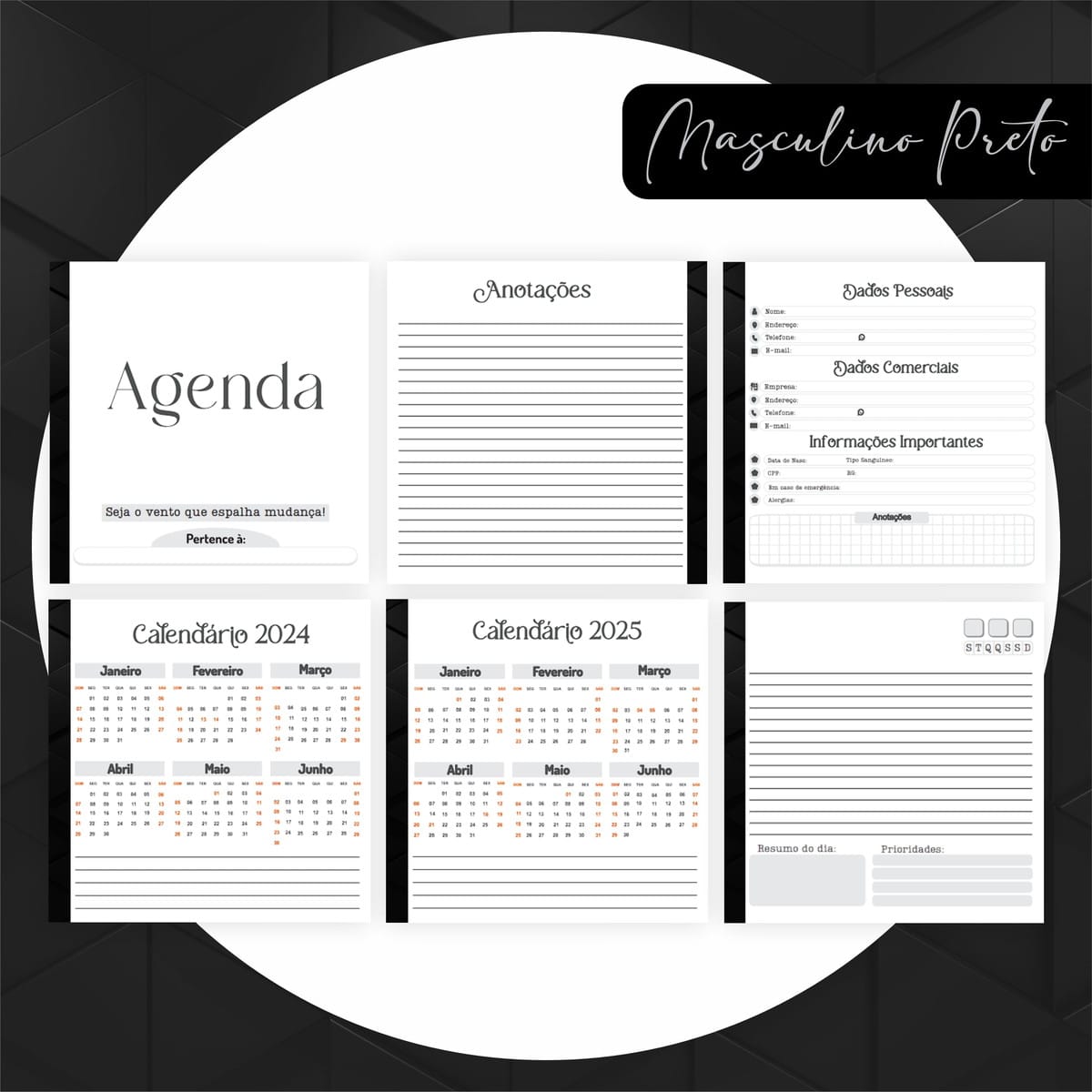 Combo Encadernação Masculino Preto Arquivo Digital Completo 4 Design digital de páginas de agenda com calendários e campos de preenchimento pessoal.