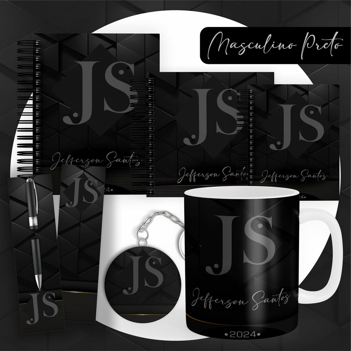Combo Encadernação Masculino Preto Arquivo Digital Completo 1 Conjunto de itens pretos personalizados com iniciais e nome em padrão geométrico escuro.