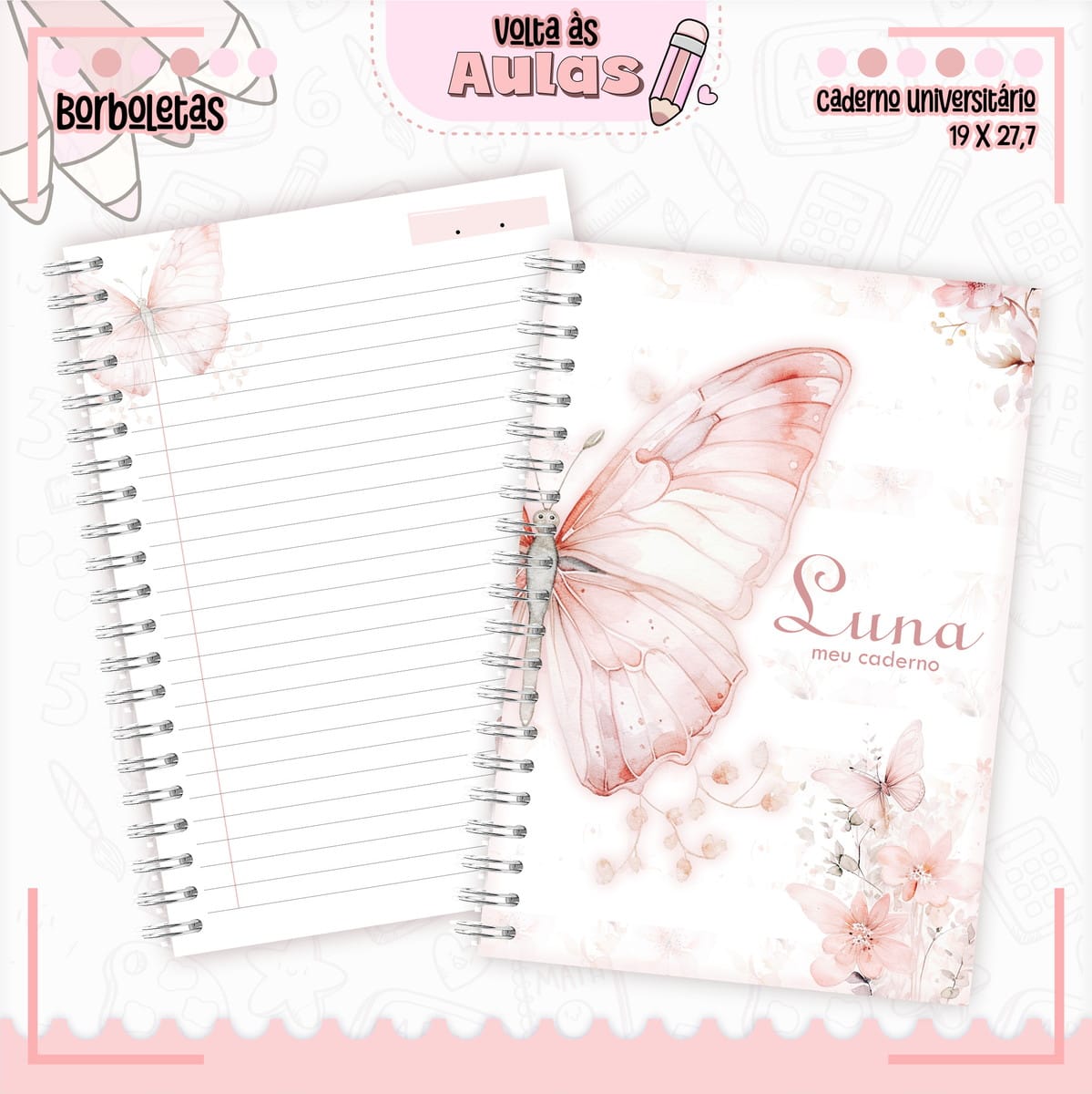 Combo Escolar Borboleta Arquivo de Encadernação Completo 2 Caderno universitário espiralado com estampa em tons de rosa e desenho de borboleta.