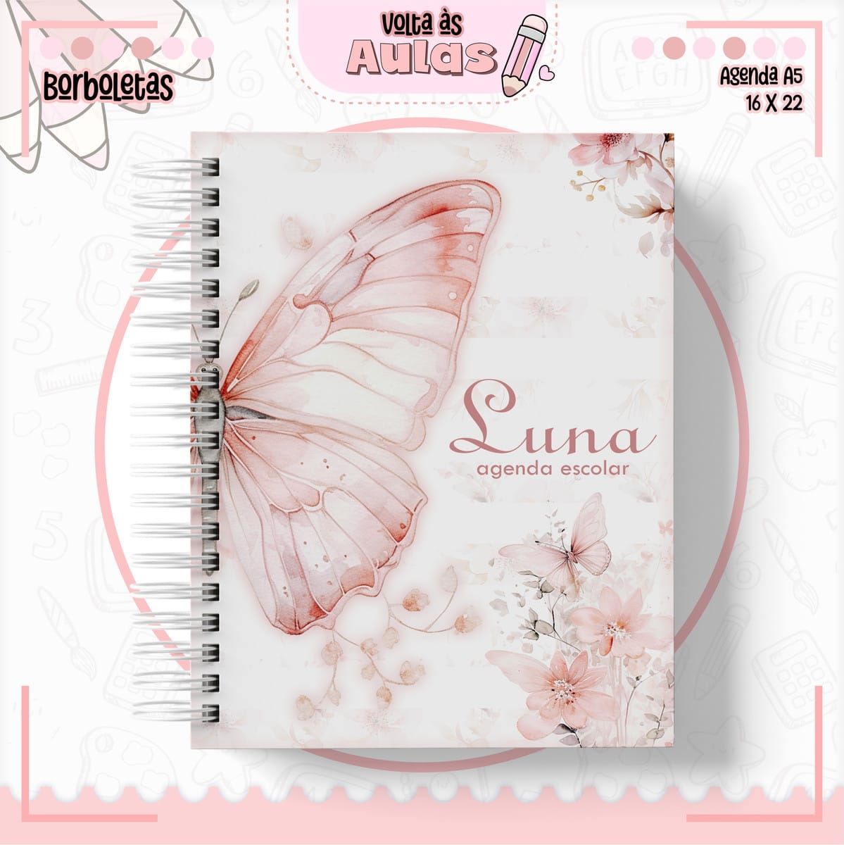 Combo Escolar Borboleta Arquivo de Encadernação Completo 3 Capa de agenda escolar em tons de rosa com desenho de borboleta