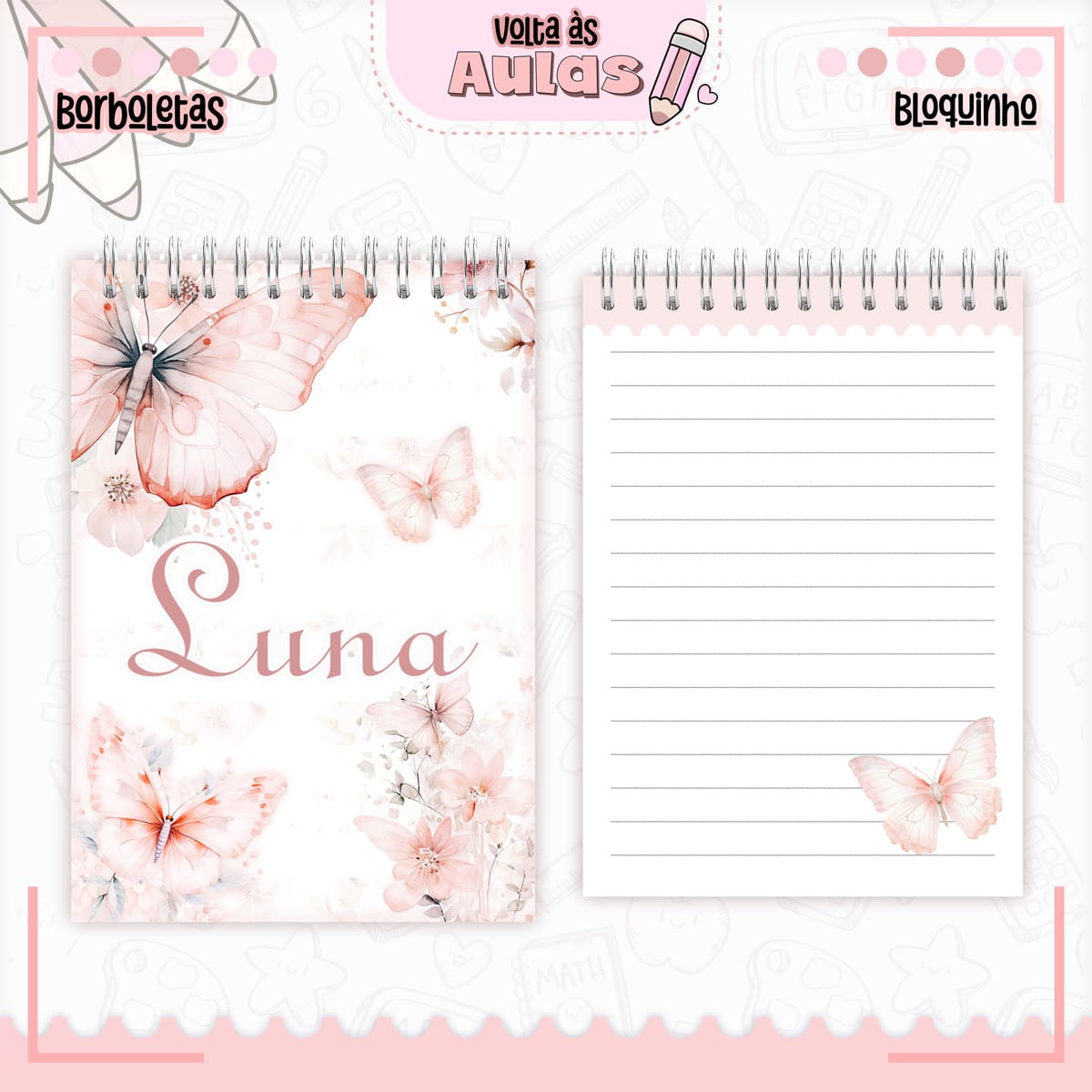 Combo Escolar Borboleta Arquivo de Encadernação Completo 4 Arte digital de caderno com capa decorada em tons de rosa e borboletas.