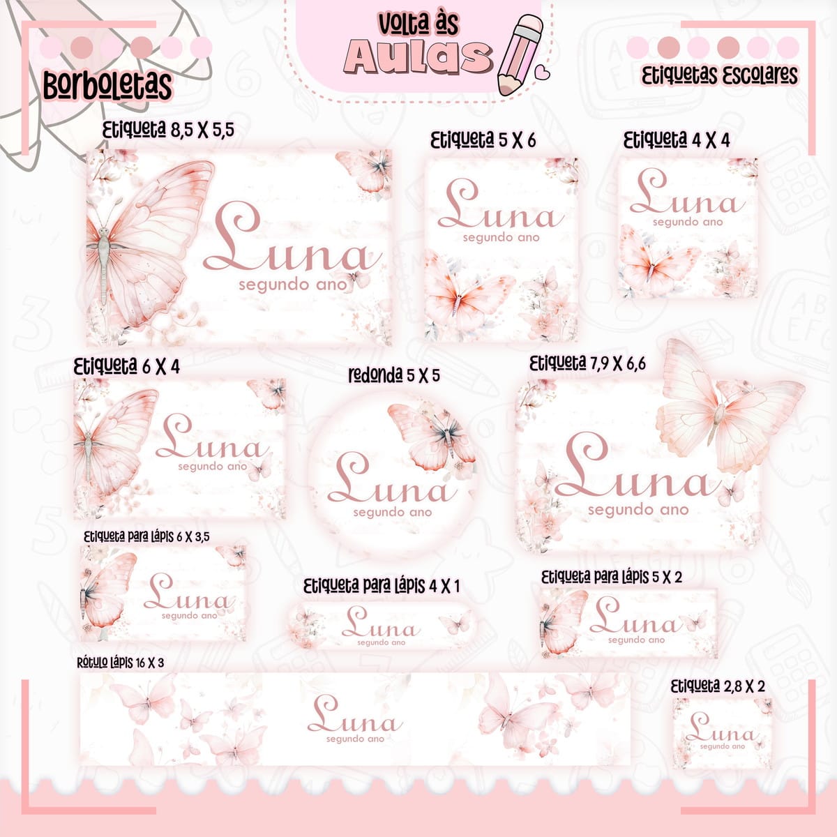 Combo Escolar Borboleta Arquivo de Encadernação Completo 5 Conjunto de etiquetas escolares com tema de borboletas em tons de rosa.