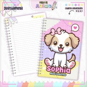 Combo Escolar Cachorrinha Arquivo Digital para Encadernar 8 Arte digital de caderno universitário com capa de filhote de cachorro cartoon e páginas pautadas.