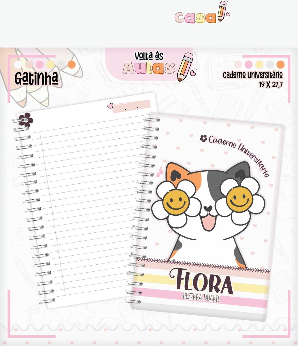 Combo Escolar Gatinha Arquivo para Encadernação e Sublimação 2 Caderno universitário digital com capa de gato e óculos de margarida, páginas pautadas.