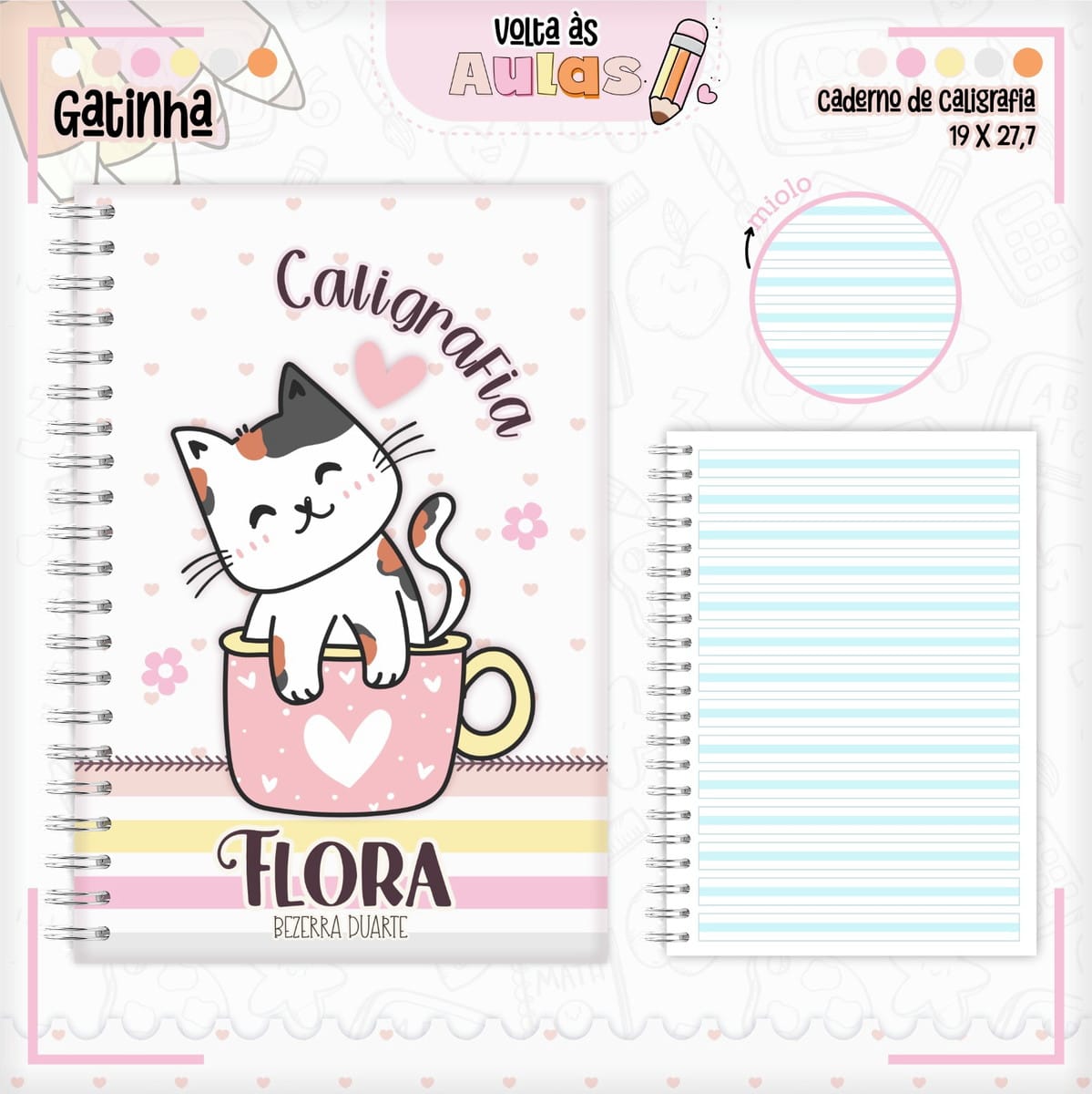Combo Escolar Gatinha Arquivo para Encadernação e Sublimação 3 Arte digital de capa de caderno com gatinho em xícara e página pautada.