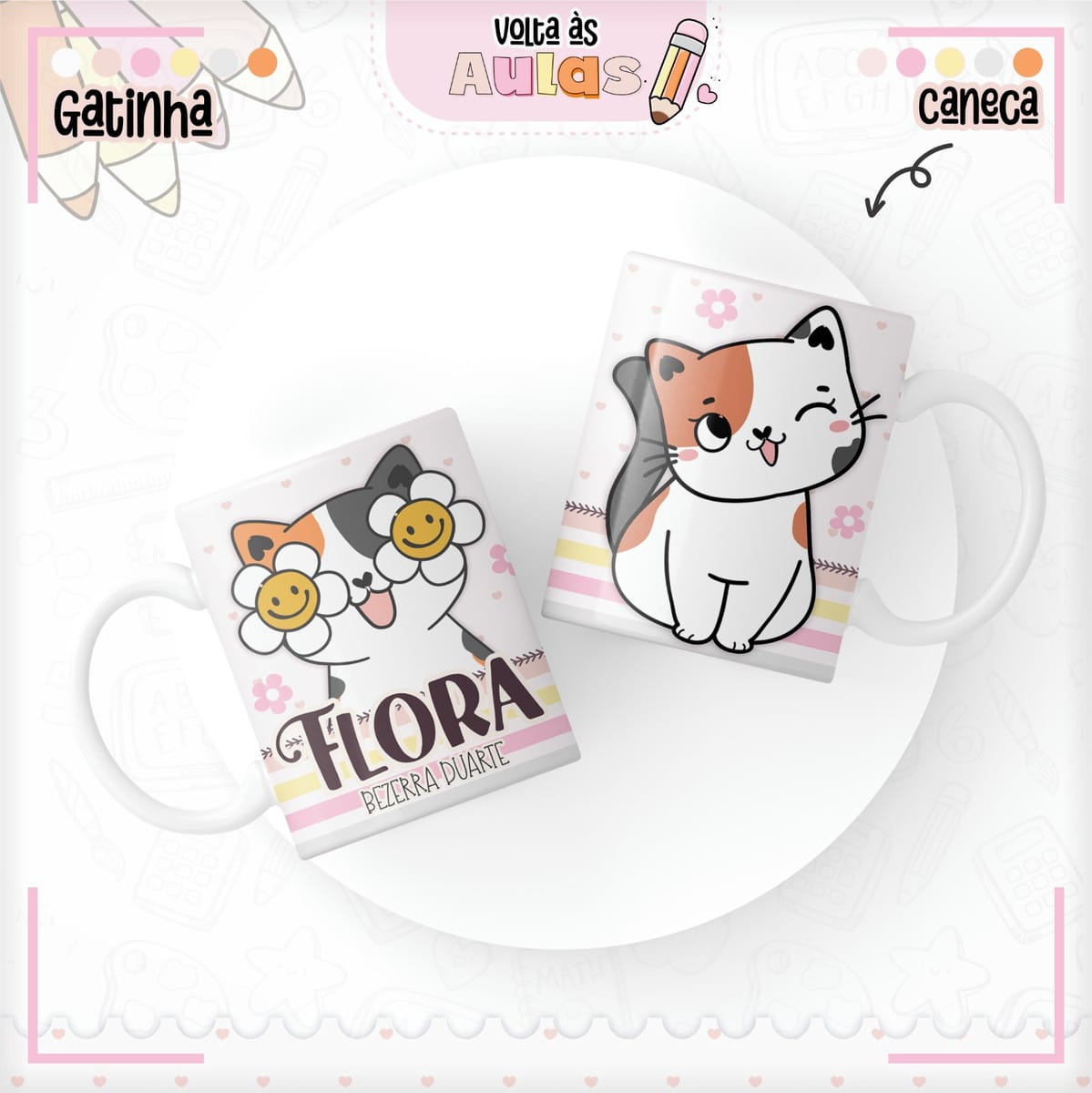 Combo Escolar Gatinha Arquivo para Encadernação e Sublimação 4 Arte digital de dois gatinhos fofos em canecas brancas, com tema escolar.
