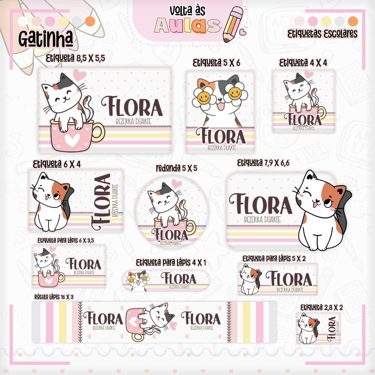 Combo Escolar Gatinha Arquivo para Encadernação e Sublimação 5 Arte digital de etiquetas escolares com gatinhos fofos para volta às aulas.