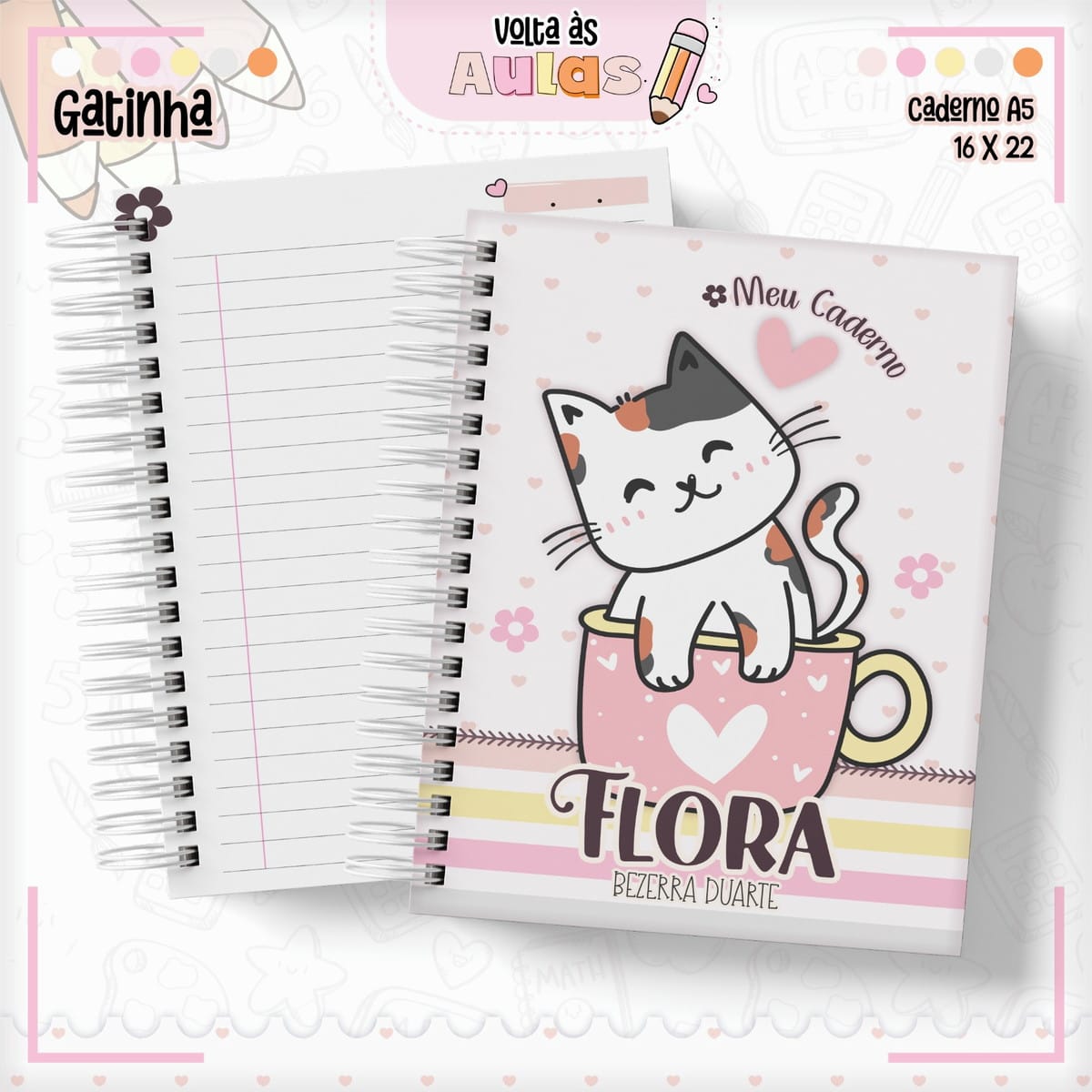 Combo Escolar Gatinha Arquivo para Encadernação e Sublimação 1 Arte digital de caderno "Gatinha" com capa de gato e página pautada.