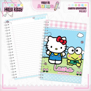 Combo Escolar Hello Kitty Arquivo Digital para Encadernação 19 Arte digital de caderno universitário aberto com personagem felino branco e sapo verde.