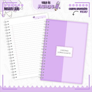 Caderno universitário espiralado em tons de lilás com folha pautada aberta.
