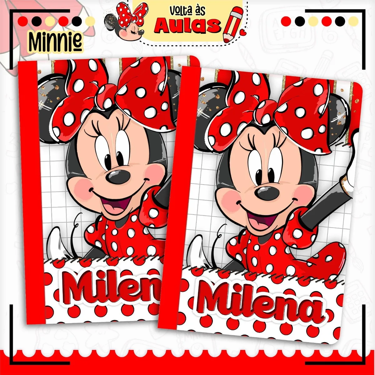 Combo Escolar Minnie Vermelha para Encadernação 2 Arte digital de capas de caderno com personagem feminina e laço vermelho.