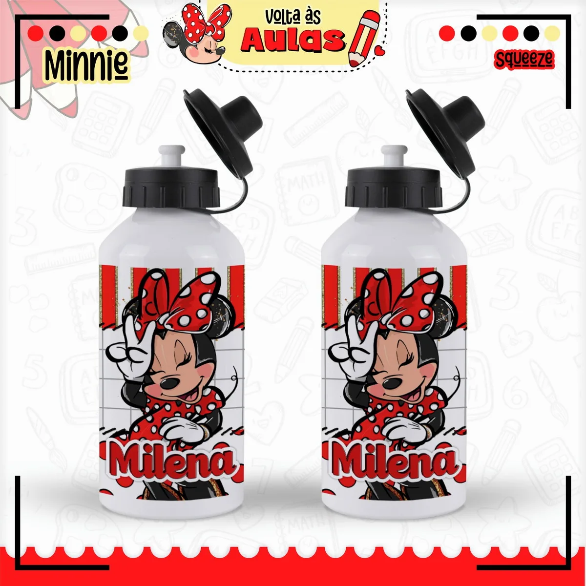 Combo Escolar Minnie Vermelha para Encadernação 3 Arte digital para garrafa squeeze com personagem de laço e tema escolar.