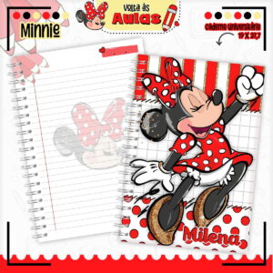 Combo Escolar Minnie Vermelha para Encadernação 23 Arte digital de caderno universitário espiral com personagem de laço vermelho.