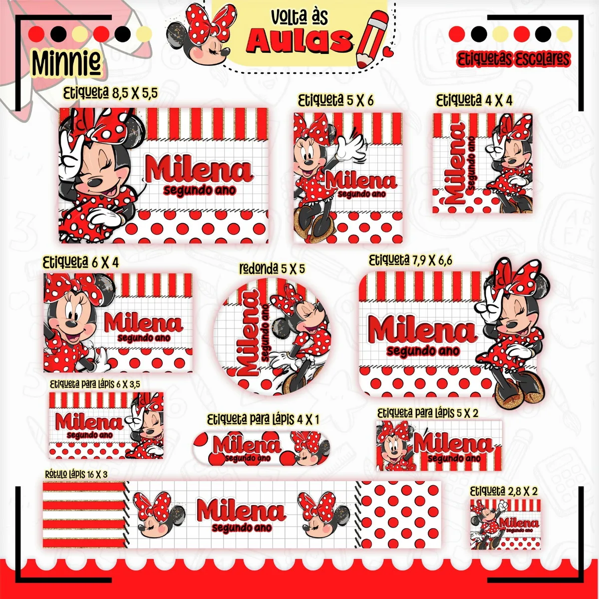 Combo Escolar Minnie Vermelha para Encadernação 4 Arte digital: conjunto de etiquetas escolares personalizadas com personagem feminina e texto.