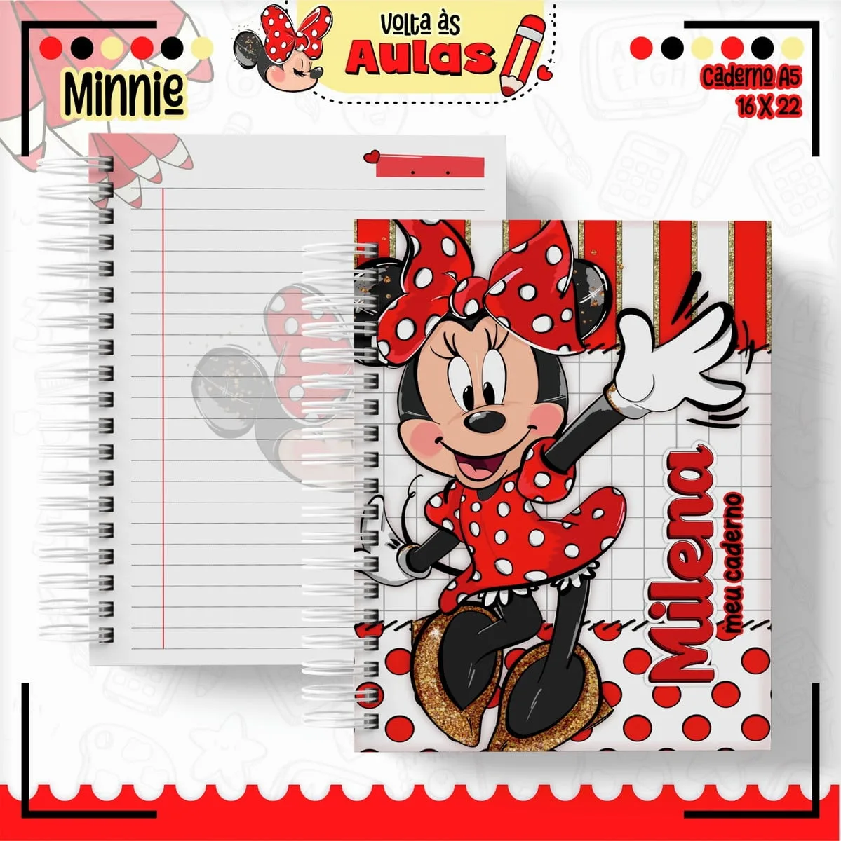 Combo Escolar Minnie Vermelha para Encadernação 5 Arte digital de caderno espiral com personagem de laço vermelho e tema escolar.