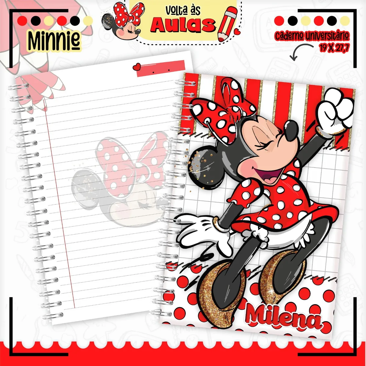 Combo Escolar Minnie Vermelha para Encadernação 1 Arte digital de caderno universitário espiral com personagem de laço vermelho.