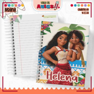 Combo Escolar Moana Arquivo para Encadernação Personalizada 13 Arte digital de caderno espiral A5 com capa de personagem e página pautada.