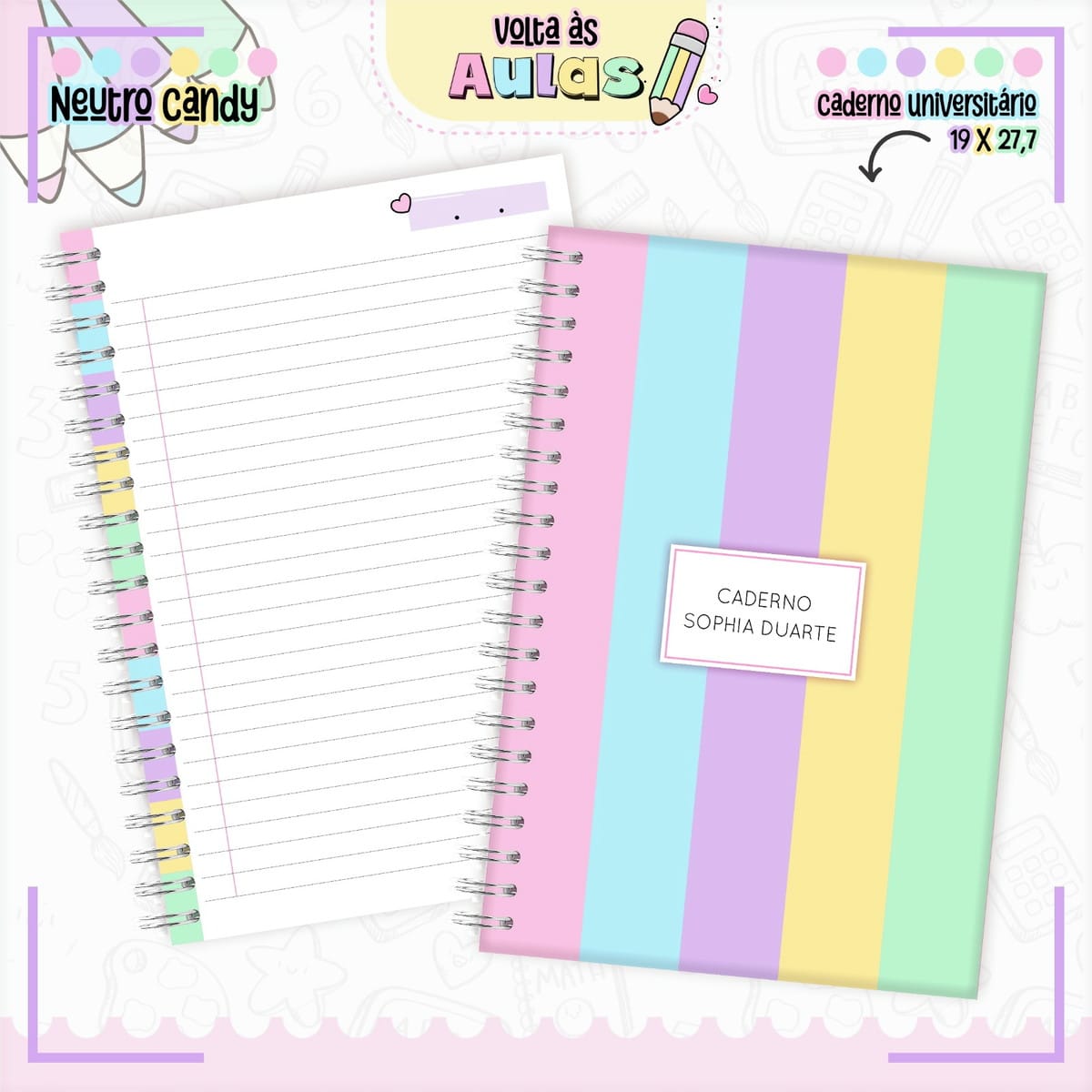 Combo Escolar Candy Arquivo de Encadernação e Sublimação 1 Arte digital de caderno espiral com capa listrada em tons pastel e página pautada.
