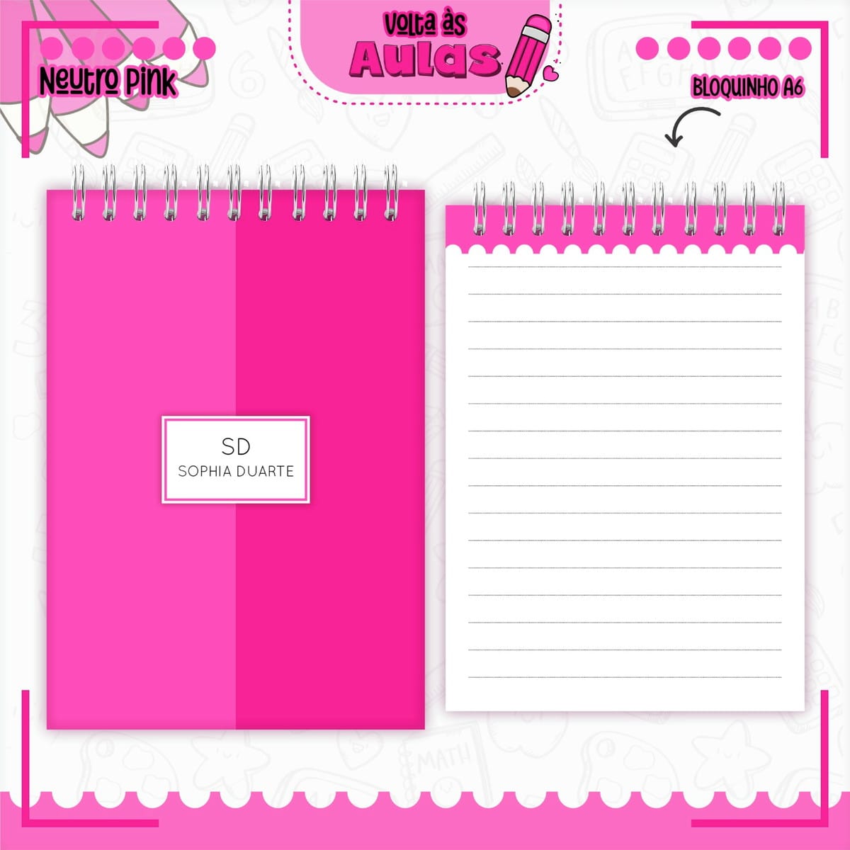 Combo Escolar Neutro Pink Arquivo para Encadernação 2 Caderno e bloco de notas rosa com espiral e pautas visíveis.