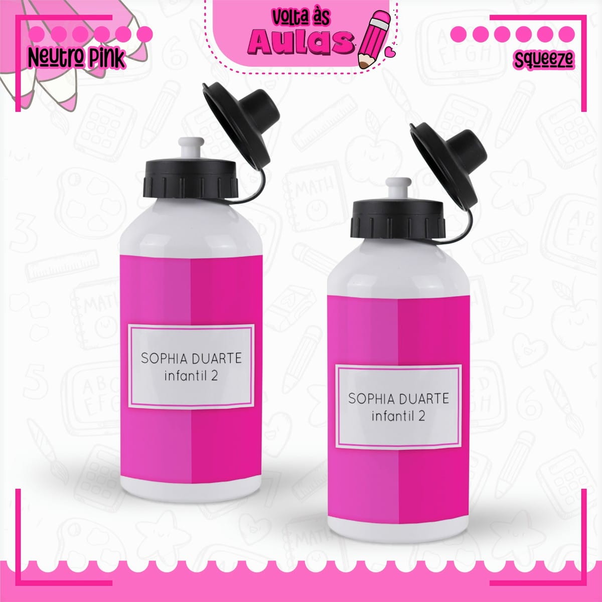 Combo Escolar Neutro Pink Arquivo para Encadernação 3 Duas garrafas brancas de alumínio com tampa preta e rótulo rosa e branco.
