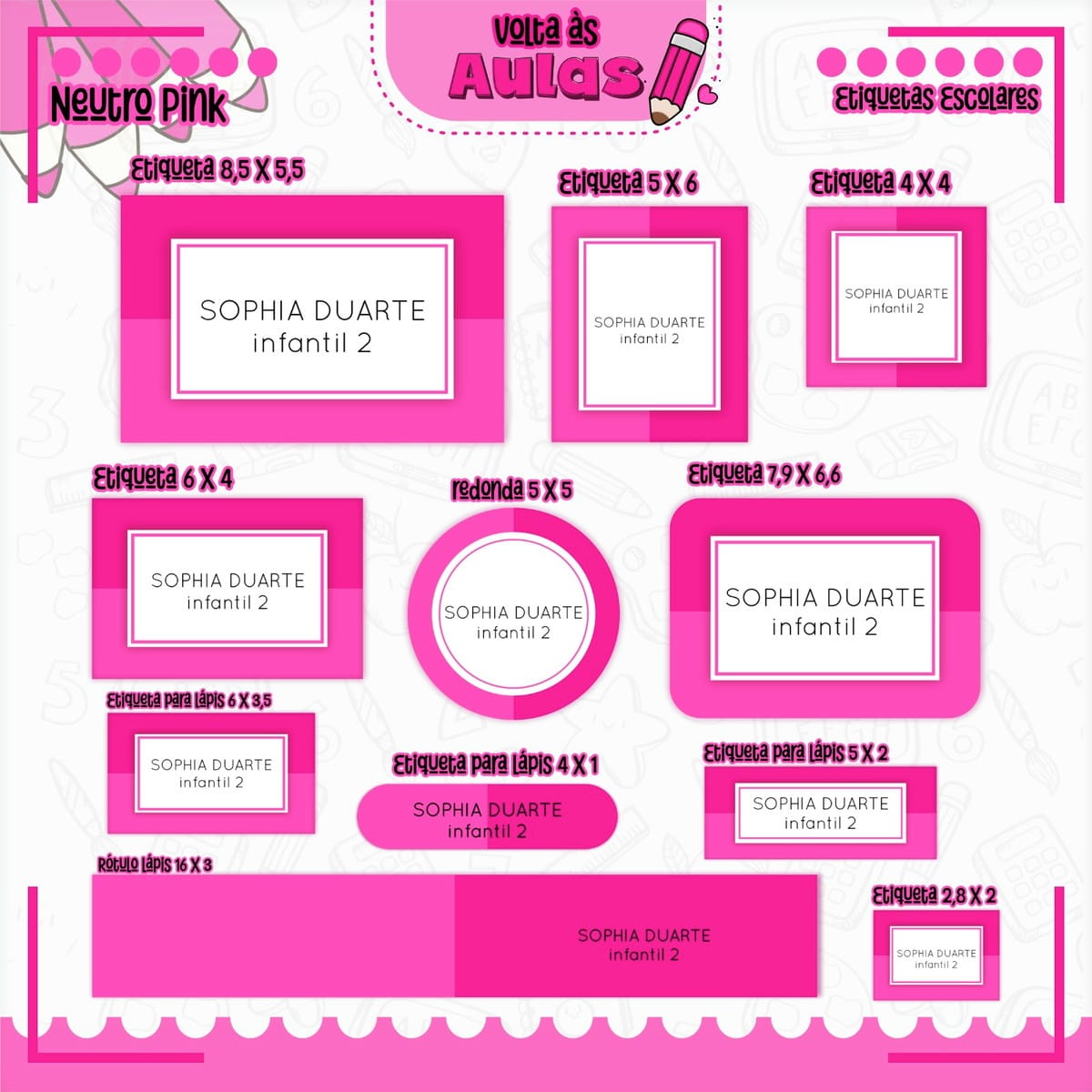 Combo Escolar Neutro Pink Arquivo para Encadernação 4 Apresentação de diversos modelos de etiquetas escolares cor de rosa com textos.