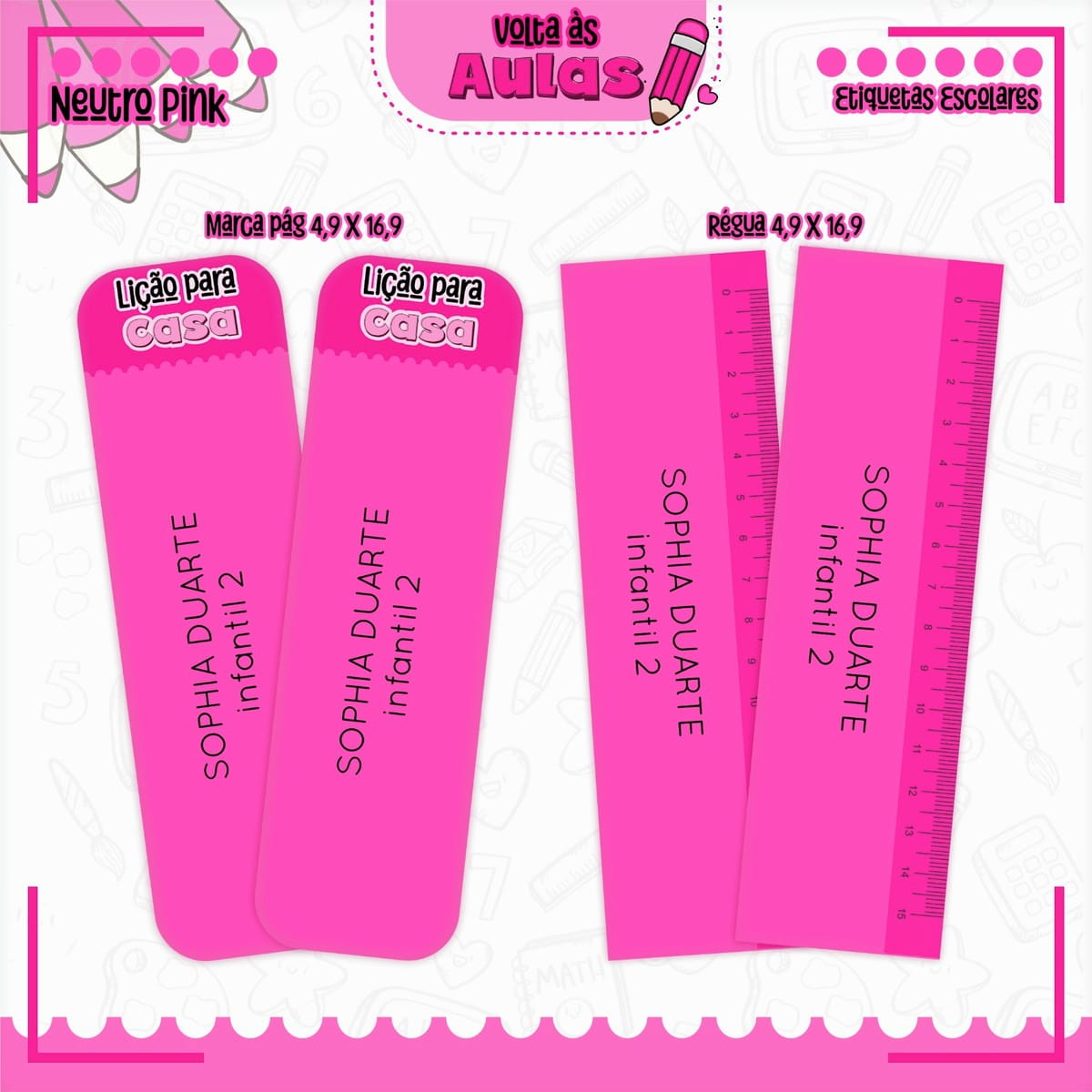 Combo Escolar Neutro Pink Arquivo para Encadernação 5 Adesivos escolares rosa personalizados com nome e texto em fundo branco