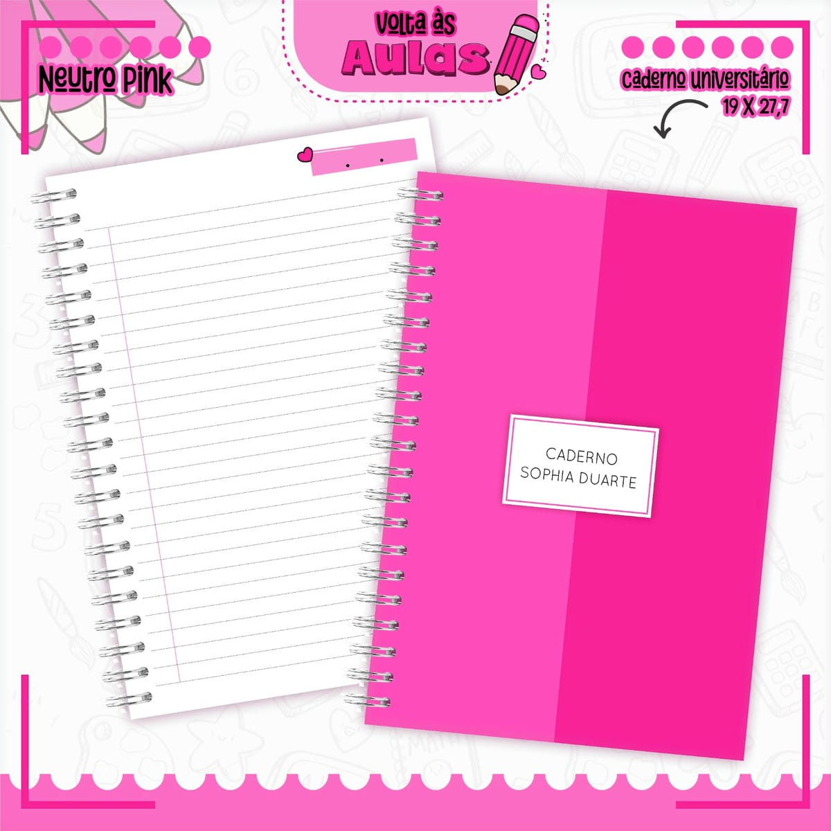 Combo Escolar Neutro Pink Arquivo para Encadernação 1 Dois cadernos universitários em espiral com capa rosa e folhas pautadas em fundo branco.