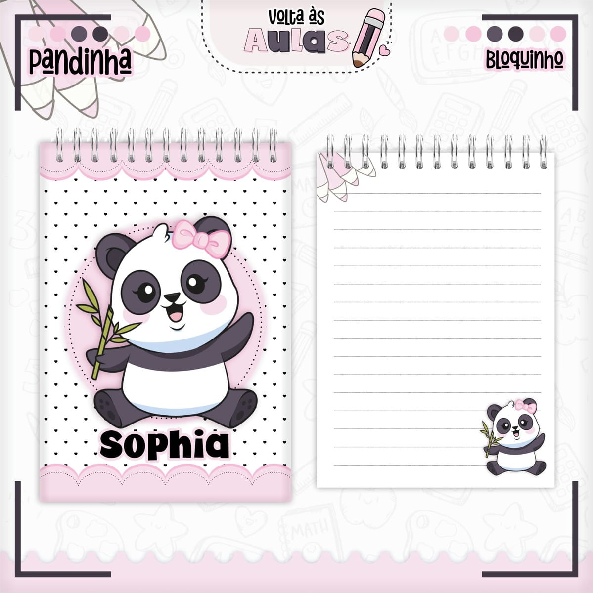 Combo Escolar Pandinha Arquivo Encadernação e Sublimação 3 Arte digital de cadernos com capa de panda e página pautada para volta às aulas.