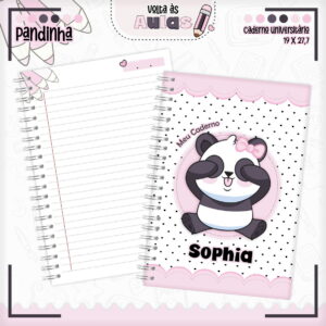 Combo Escolar Pandinha Arquivo Encadernação e Sublimação 10 Arte digital de caderno com panda fofo, laço rosa e corações. Página pautada visível.