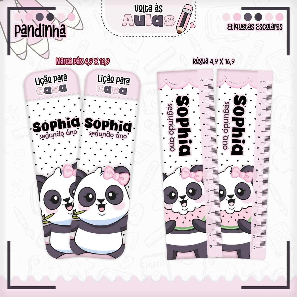 Combo Escolar Pandinha Arquivo Encadernação e Sublimação 4 Arte digital de marcadores e réguas com panda e corações para volta às aulas.