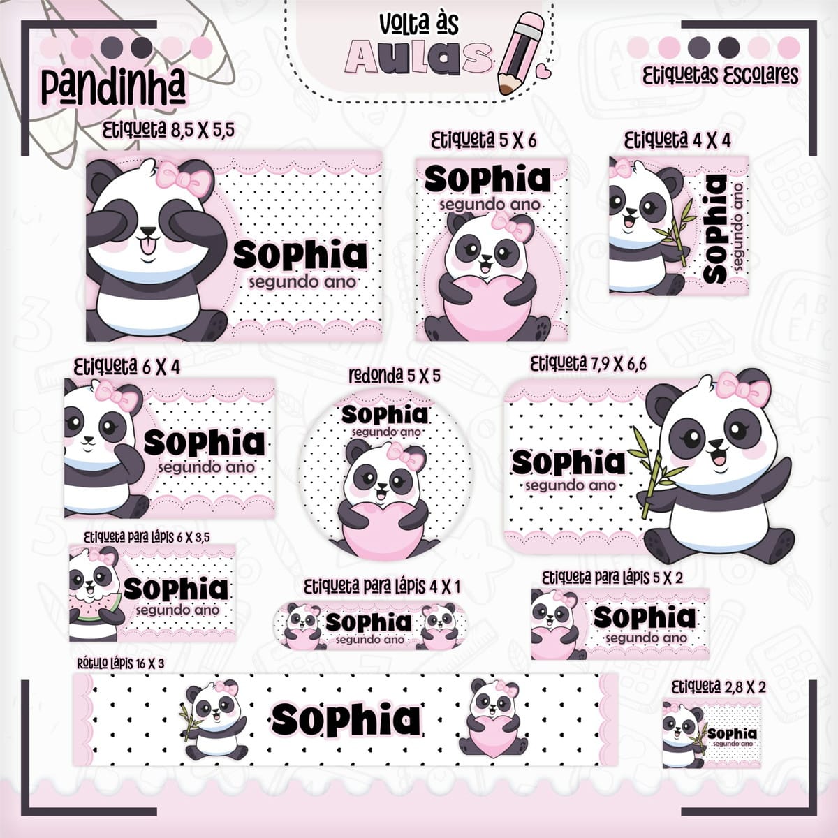 Combo Escolar Pandinha Arquivo Encadernação e Sublimação 5 Arte digital de etiquetas escolares com panda fofo em rosa e branco, vários formatos.