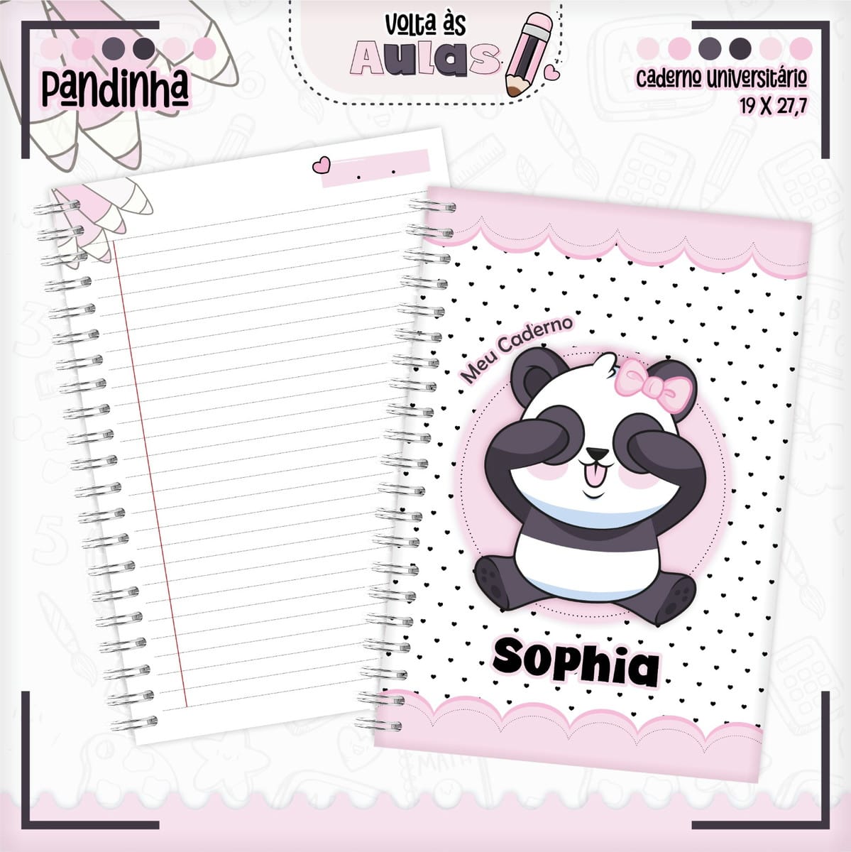 Combo Escolar Pandinha Arquivo Encadernação e Sublimação 1 Arte digital de caderno com panda fofo, laço rosa e corações. Página pautada visível.