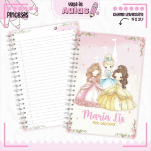 Combo Escolar Princesas Arquivo Completo para Encadernação 8 Arte digital de caderno universitário aberto com capa de princesas e página pautada.